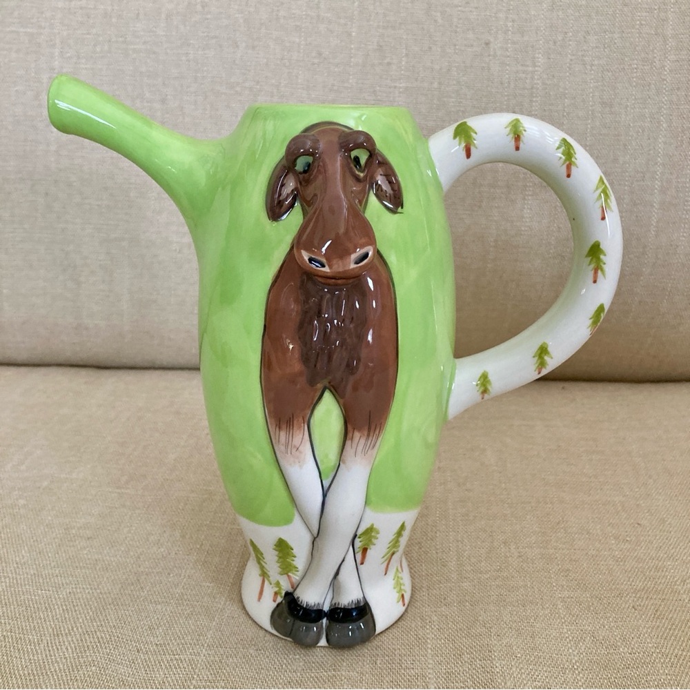 Blue Sky Tall Moose Teapot Ceramic Cabin Woods Forest Watering Can Signed